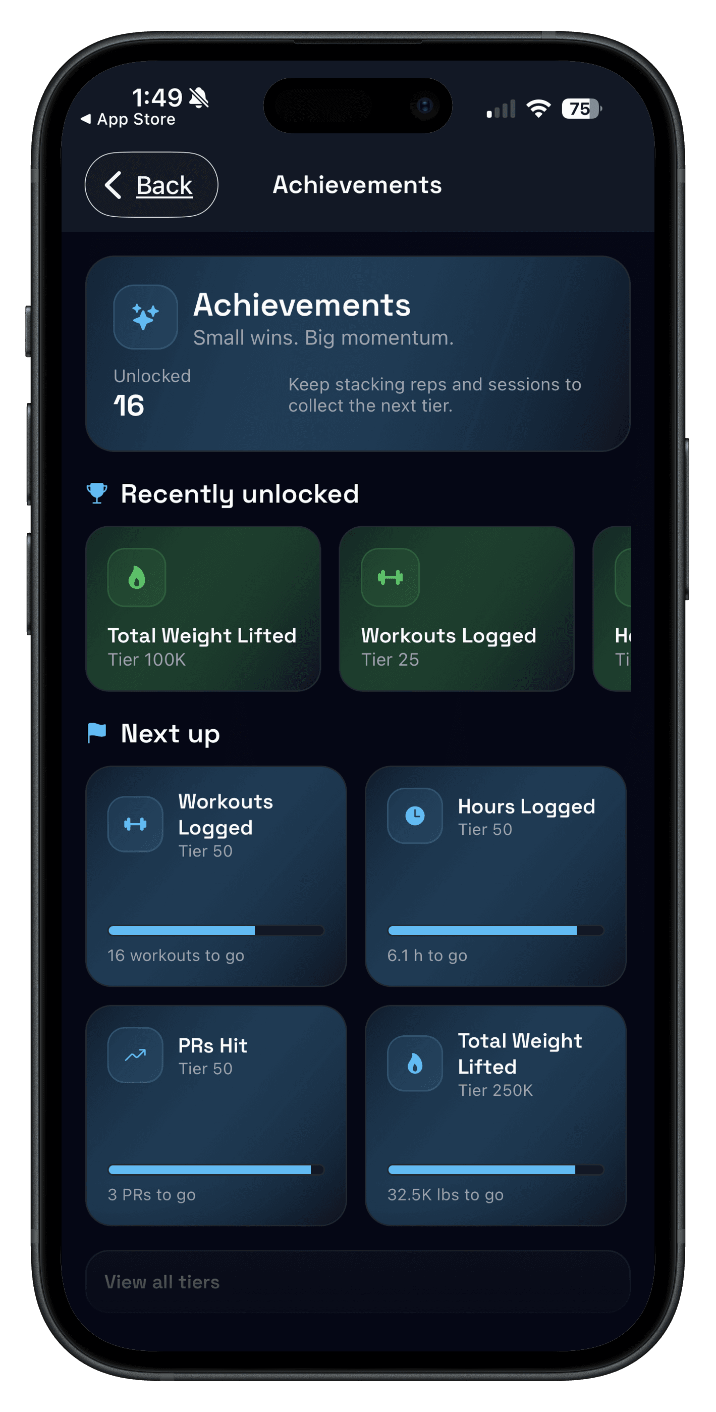 Achievement badges screen in Push/Pull