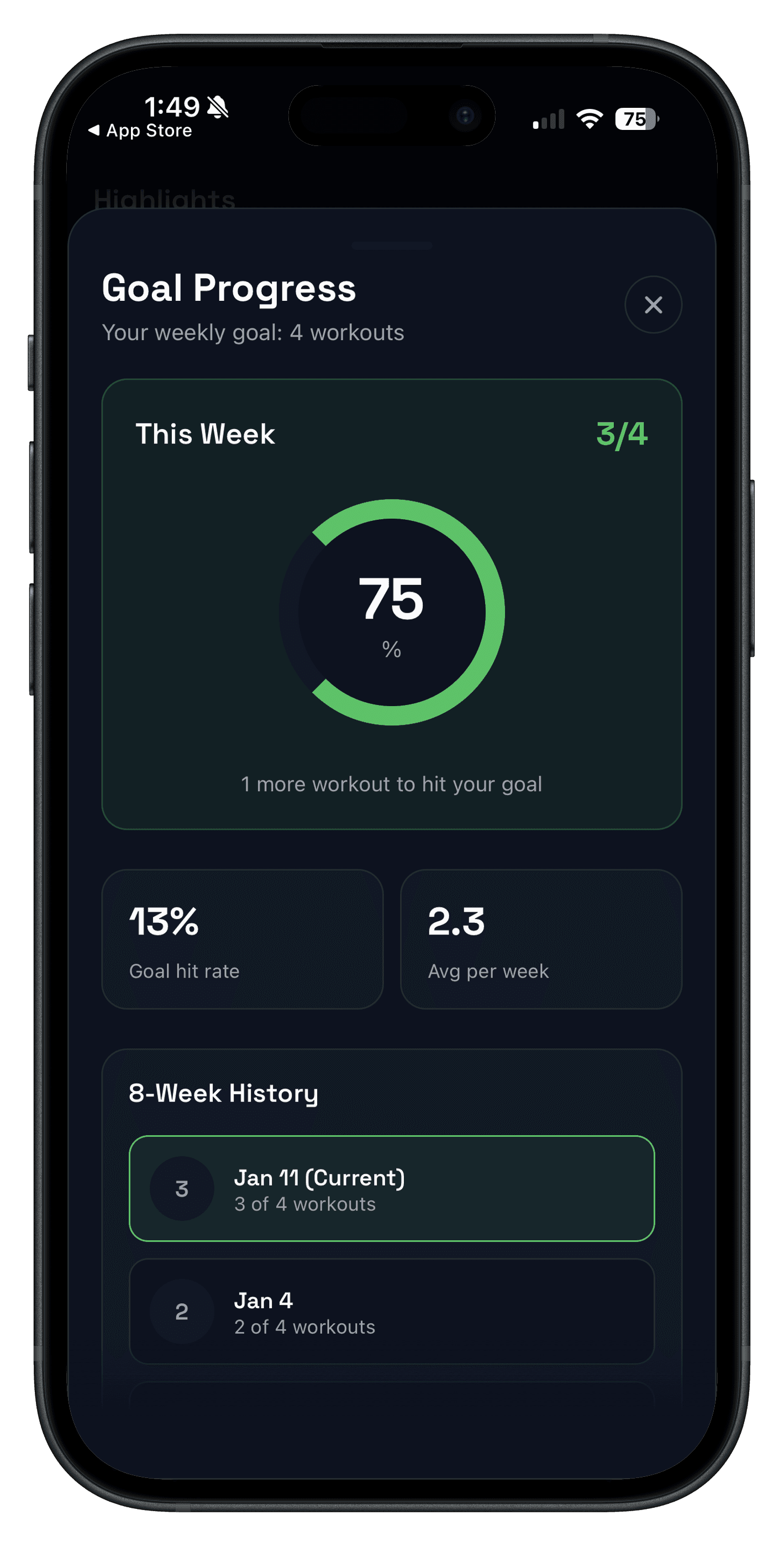 Fitness goals screen in Push/Pull